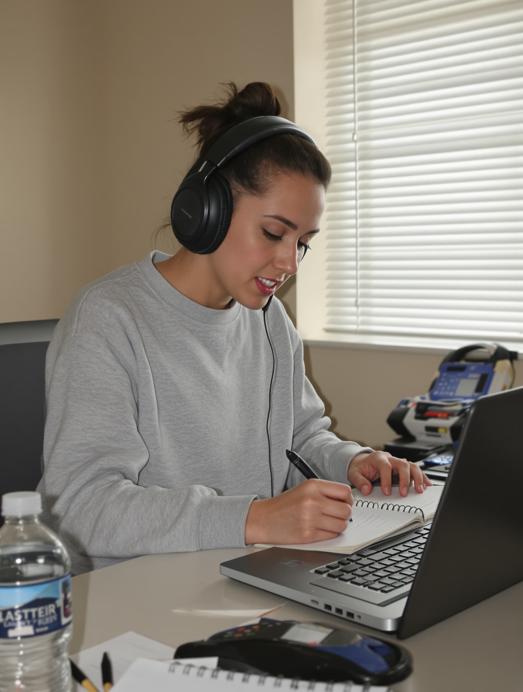 A student wearing headphones working through a practice test on her laptop
